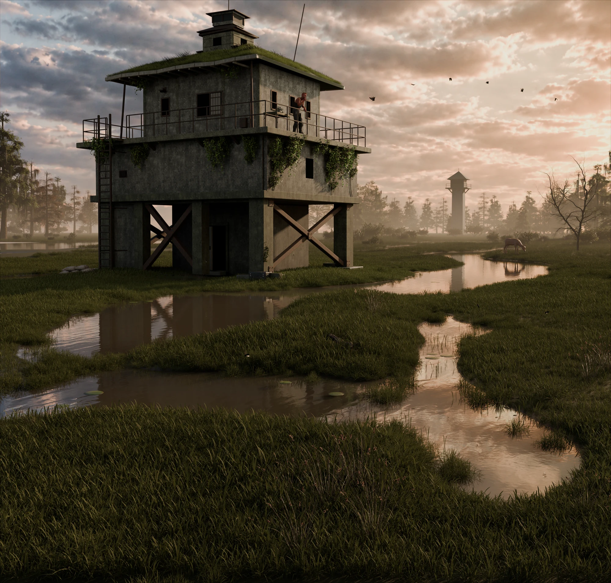 A weathered watchtower above grassy wetlands, with reflective water and a warm cloudy sky