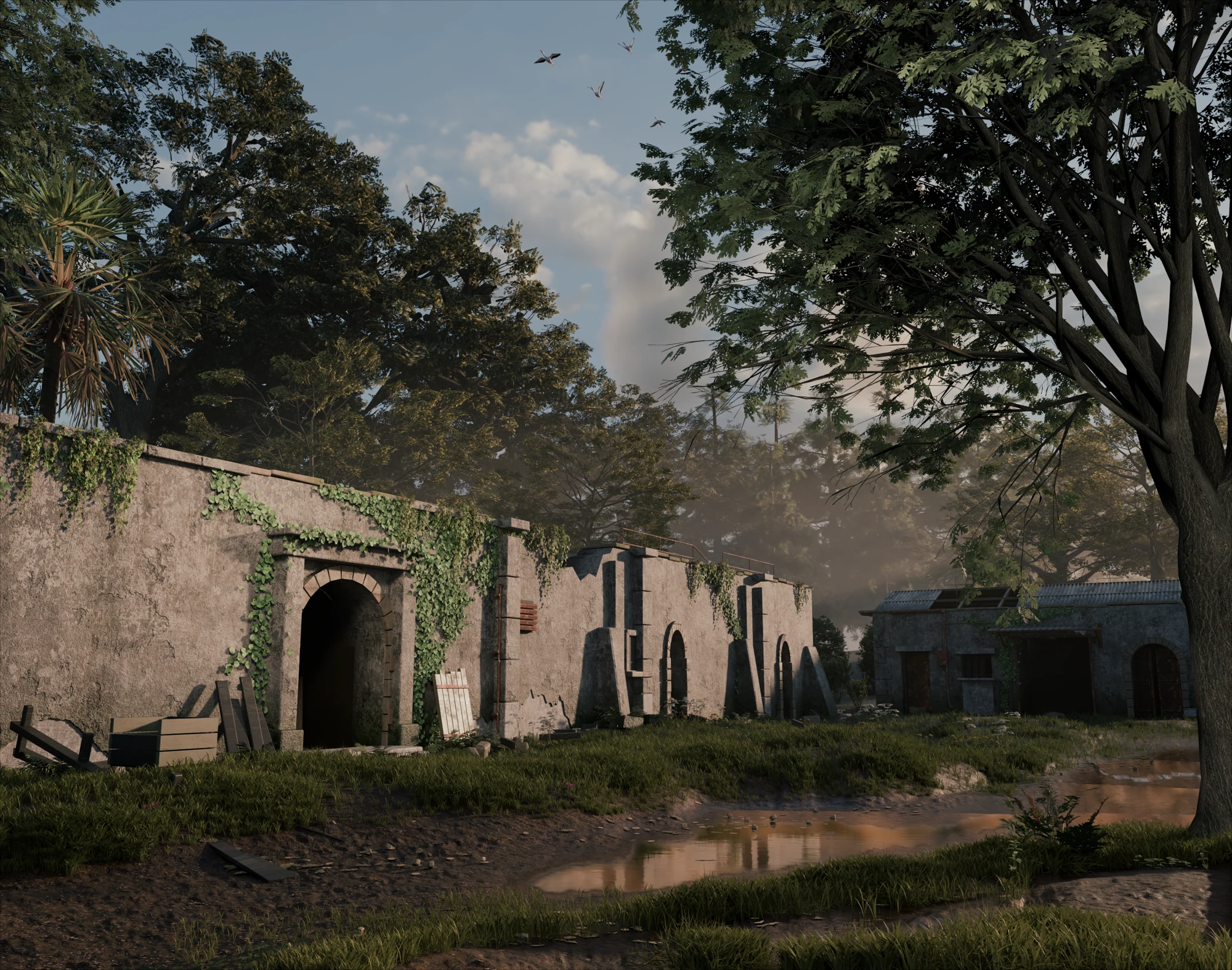 An overgrown stone courtyard with ivy-covered buildings, mature trees and puddles in soft daylight