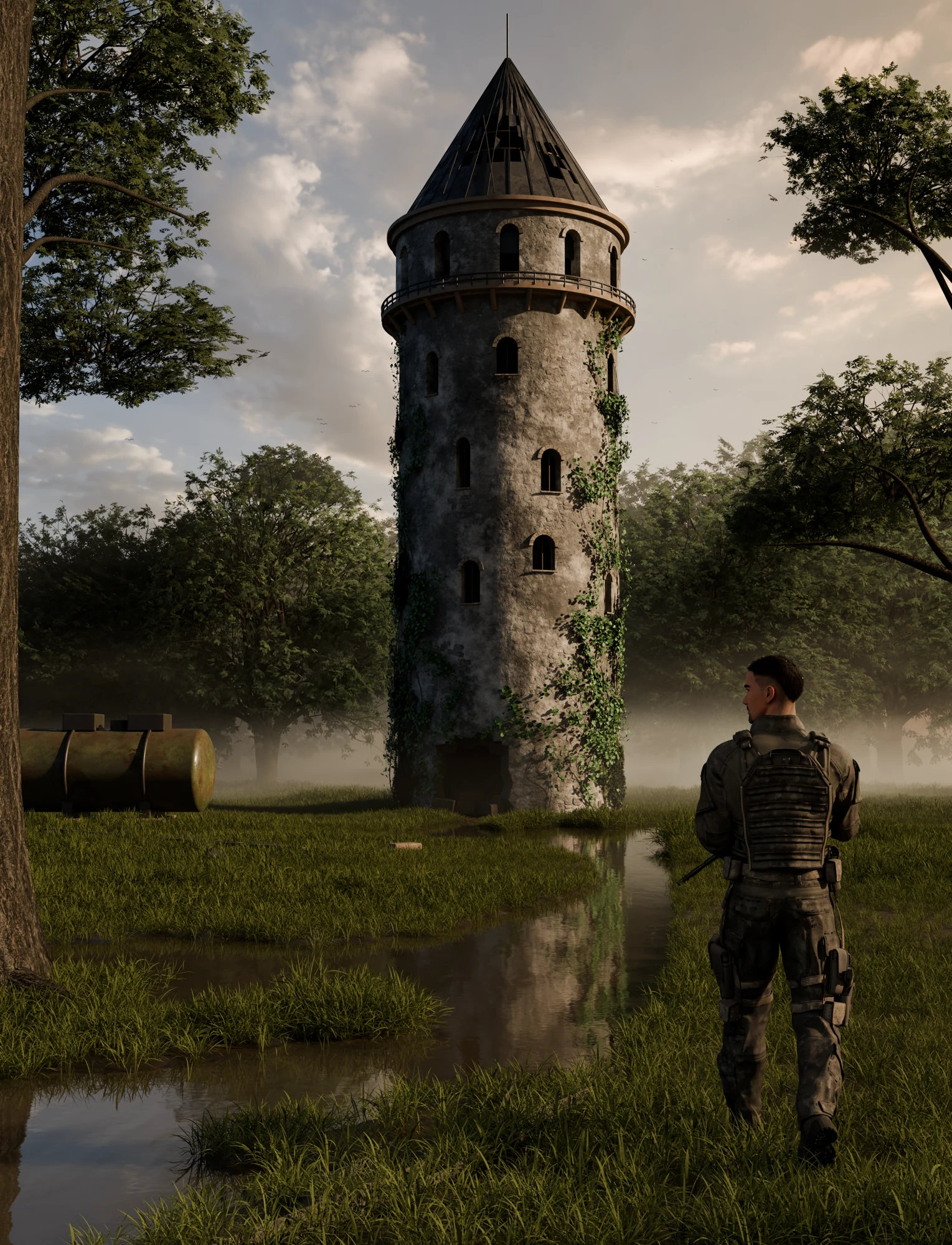 A figure approaching an ivy-covered stone tower through a wooded landscape with mist and reflective water