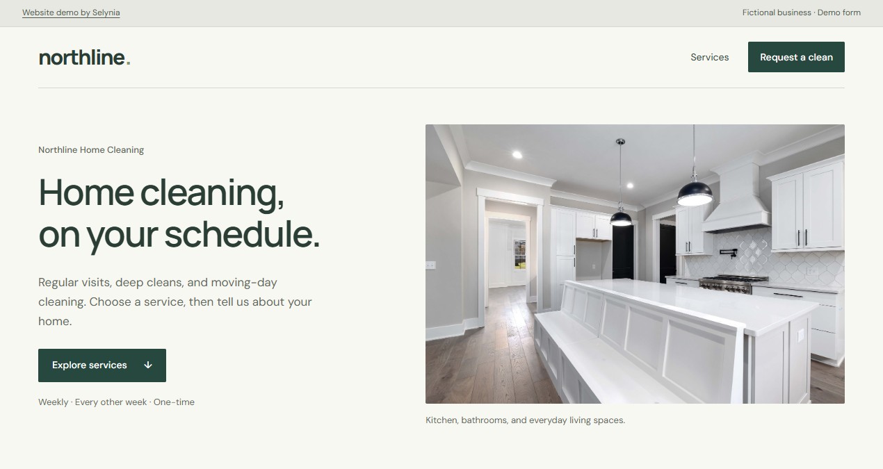 Preview of the Northline home-cleaning website, with its service introduction and kitchen photograph